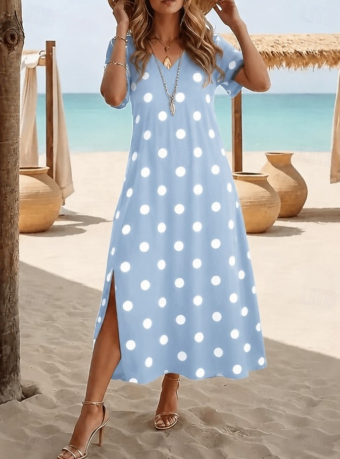 Mujer Vestido Midi Vestido de una línea Casual Diario Festivos Cita Ajuste regular Graphic A Lunares Manga Corta Escote en Pico Azul Piscina Negro Rosa Azul cielo Verano Primavera 2026 - $26.99 –P4