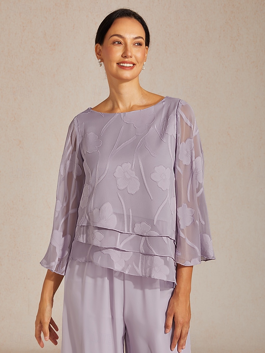 Mulheres Camisa de renda Blusa Tops elegantes Tops de chiffon Barra Assimétrica Côr Sólida Floral Elegante à moda Casual Manga 3/4 Sino Decote Canoa Diário Trabalho Convidado do casamento Lilás Verão de 2026 por $69.99 –P1