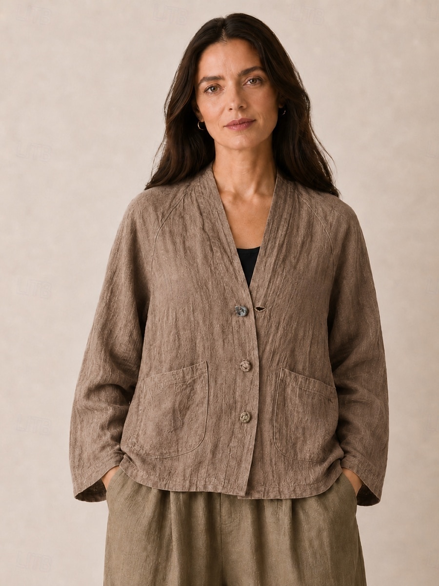 camicetta da donna in lino a maniche lunghe con bottoni, scollo a V, tasca, vestibilità regolare, stile vintage casual, bordeaux, blu navy, marrone, autunno/inverno del 2026 a $45.99 –P7
