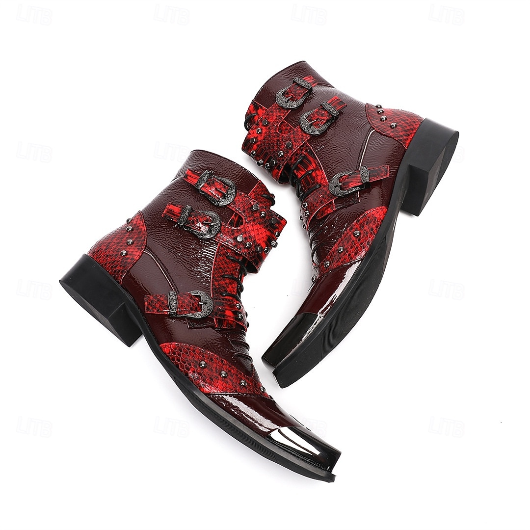 Men's Red Western Biker Boots – Exotic Buckle Ankle Boots, Vintage Cowboy Footwear for Motorcycle Riding, Concerts, Music Festivals and Nightlife 2026 - $149.99 –P9