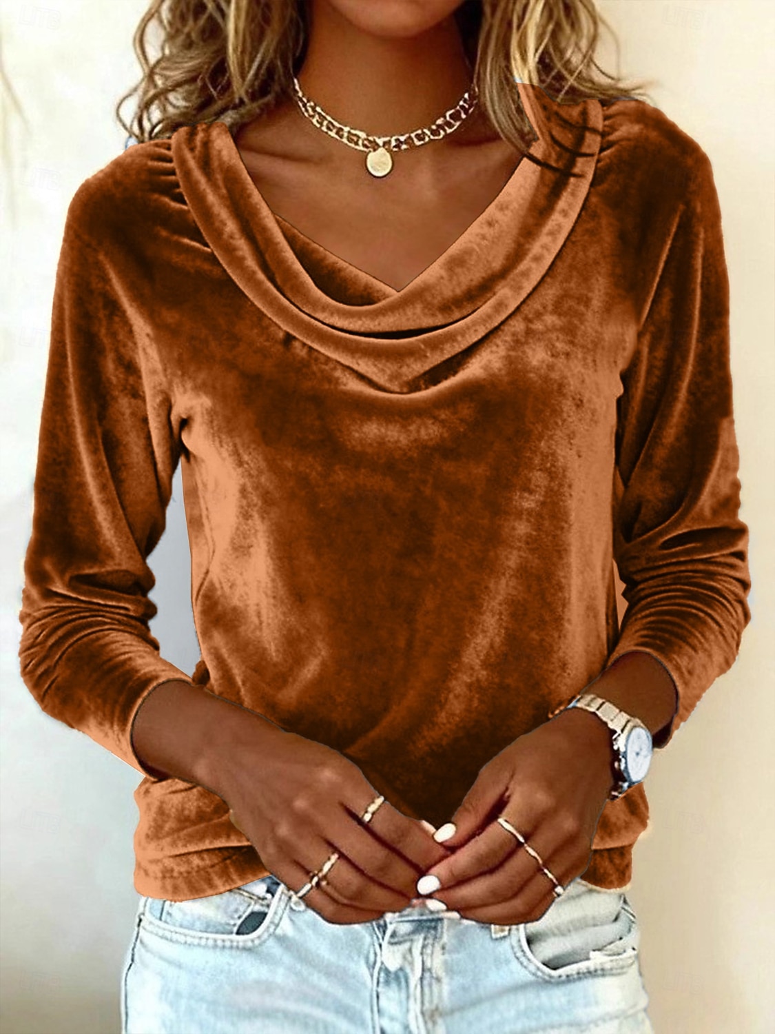 Damesblouse van fluweel met colkraag en lange mouwen, elegante raglanmouwen, zachte velours, casual, chique tuniek. 2026 - $24.99 –P1