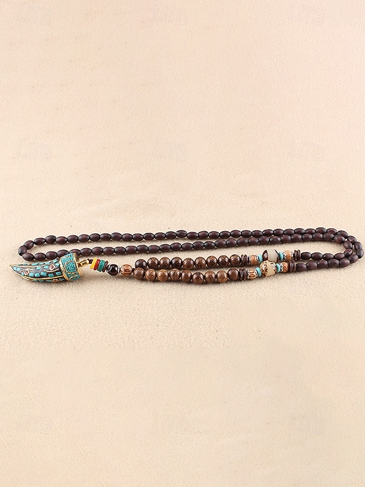 Collar con colgante de cuerno en forma de media luna de estilo bohemio para hombre, cadena larga de cuentas de madera, aleación étnica tribal. &Collar llamativo de cuentas de madera, joyería vintage 2026 - $11.99 –P7