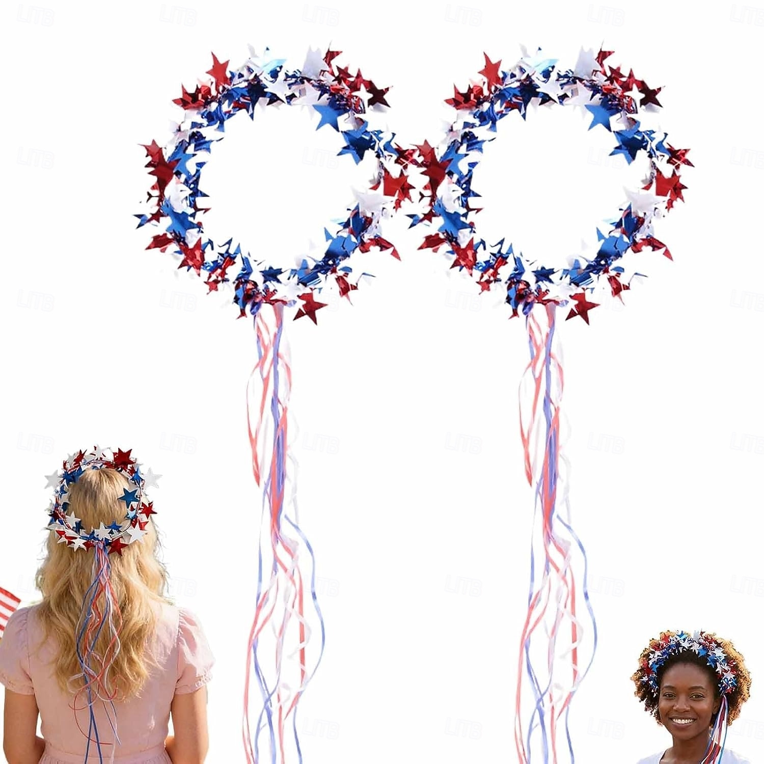 2 PCS Sparkling Americana Star Crown Headbands with Flowing Ribbons, Patriotic Red White Blue Hair Accessories for 4th of July Independence Day, Memorial Day, Veterans Day, Parades, Festivals 2026 - $11.99 –P3