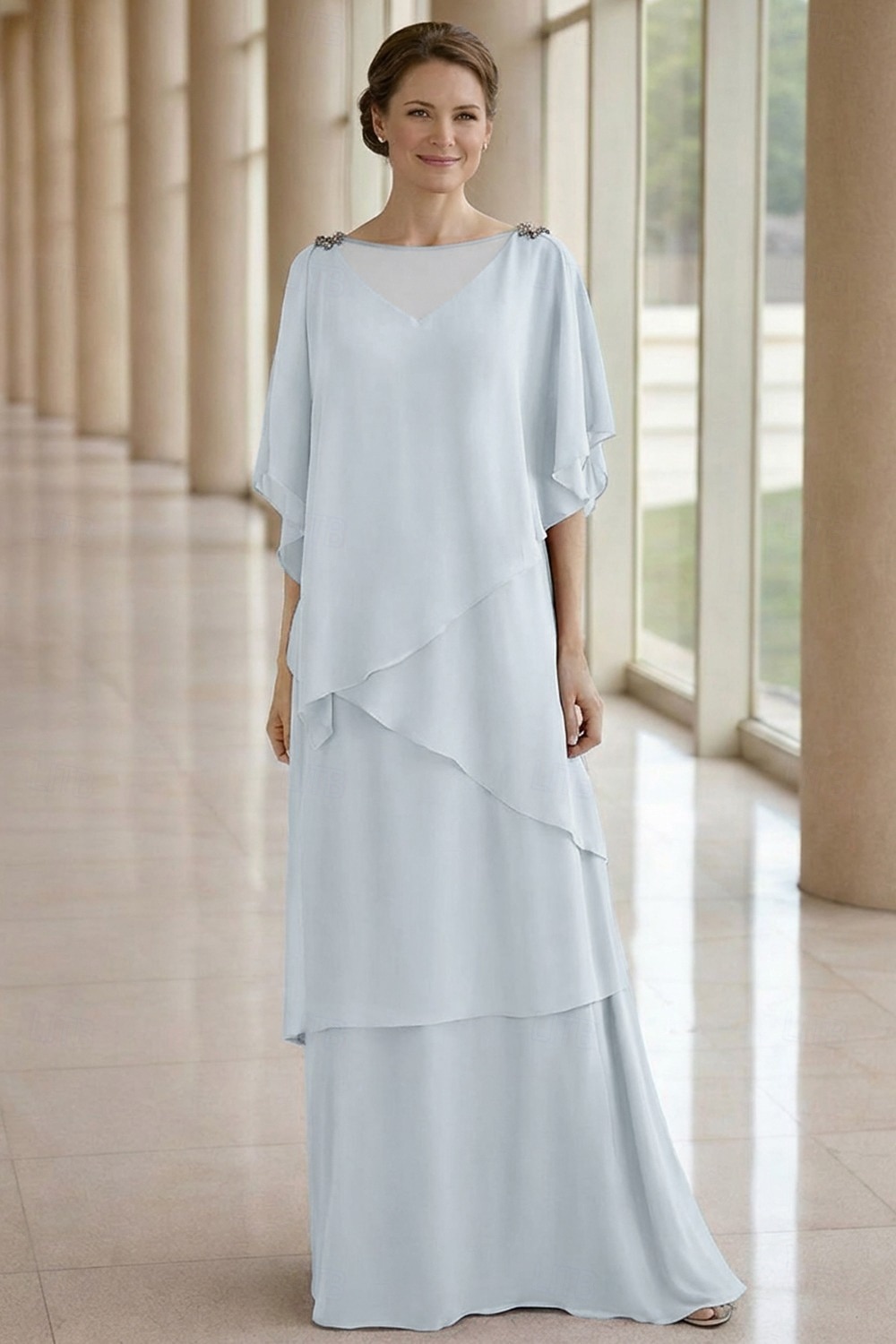 Linea ad A Lunghezza al pavimento Abito da invitata a nozze Abito Formale Abito a Strati Abito da cerimonia per signora Mezza Manica Girocollo Elegante Formale Ospite di nozze Chiffon con Volant del 2026 a $183.99 –P9