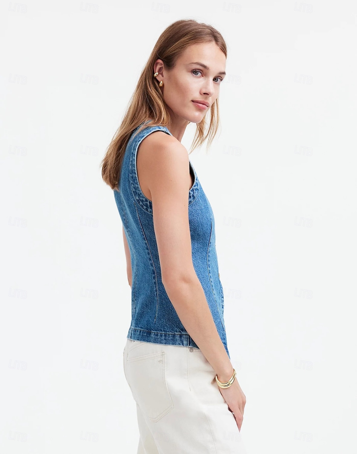 Women's Tank Top Tee Top denim-look Buttons Solid Color Vintage Fashion Sleeveless Sleeveless Crew Neck Regular Tops Casual Daily Blue Summer Spring 2026 - $39.99 –P12