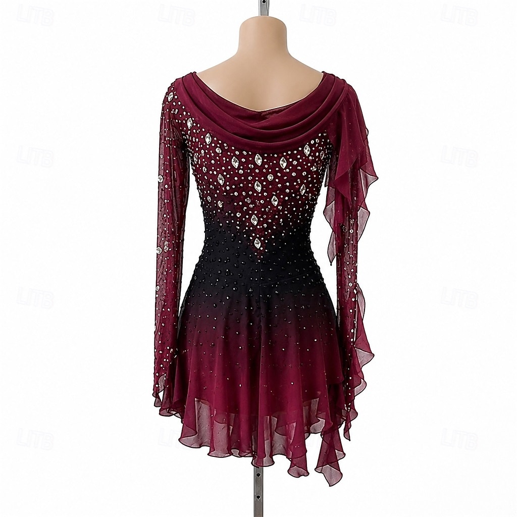 Abito da pattinaggio artistico Per donna Pattinaggio sul ghiaccio Vestito Borgogna Patchwork Orlo asimmetrico Alta elasticità Allenamento Competizione Vestiti da pattinaggio sul ghiaccio Classico del 2026 a $309.59 –P2