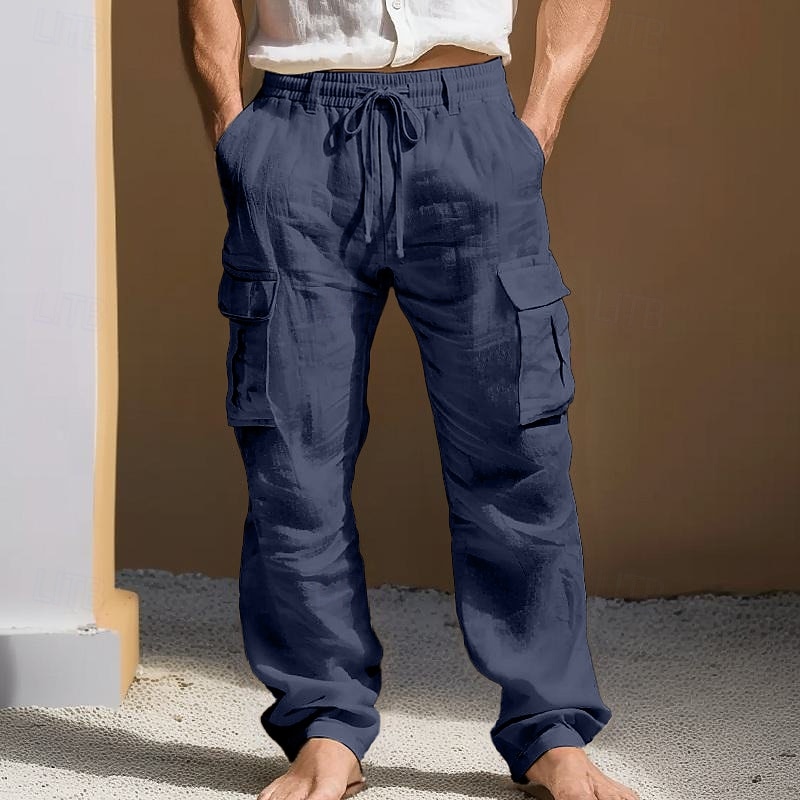 Homens Calças de linho Calças Calça verão Bolso multi Perna reta Tecido Conforto Respirável Comprimento total Diário Ao ar livre Para Noite Moda Roupa de rua Azul Branco de 2026 por $29.99 –P2
