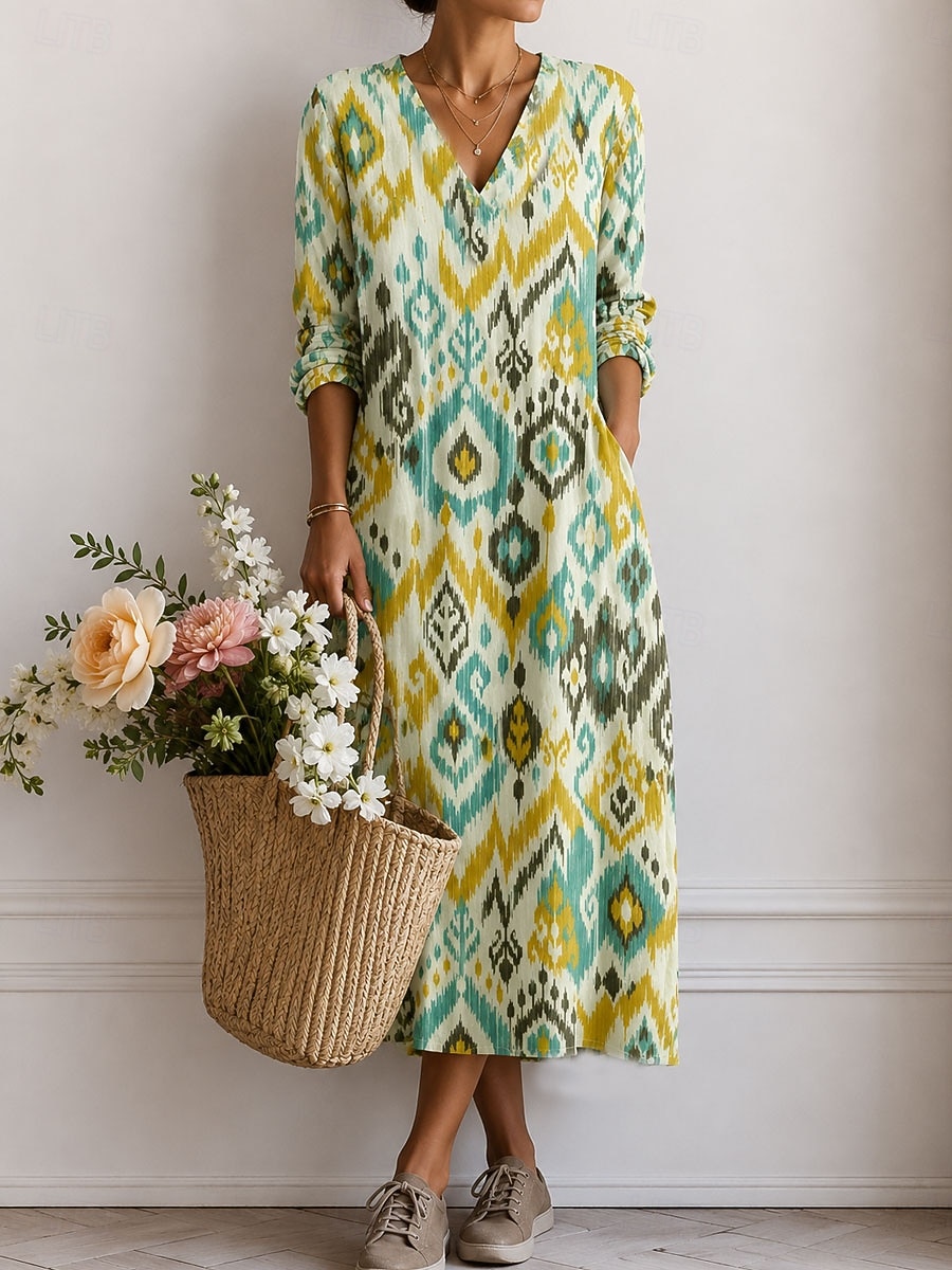 Pentru femei Rochii Midi Rochie de Vară Rochie casual Rochie A line Vacanță Casual Boho Concediu Potrivire Largă Floral Grafic Manșon Lung În V Albastru piscină Galben Portocaliu Vară Primăvară 2026 - $44.99 –P3