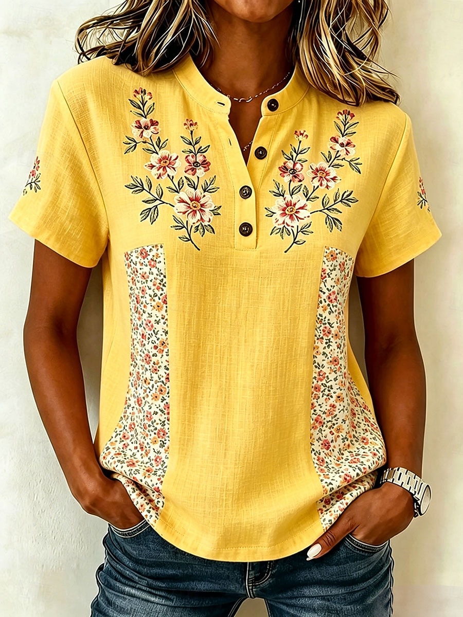 Mujer Camisa Botones Estampado Floral Graphic Vintage Elegante Manga Corta Escote en Pico Tops regulares Casual Diario Festivos Blanco Amarillo Rosa Verano Primavera 2026 - $32.99 –P3