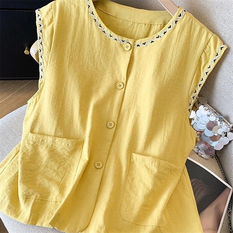 Mujer Chaleco de lino y algodón Camisa de verano Bordado Vintage Sin Mangas Cuello Barco Tops largos Casual Blanco Amarillo Azul Marino Verano Primavera 2026 - $21.99 –P14