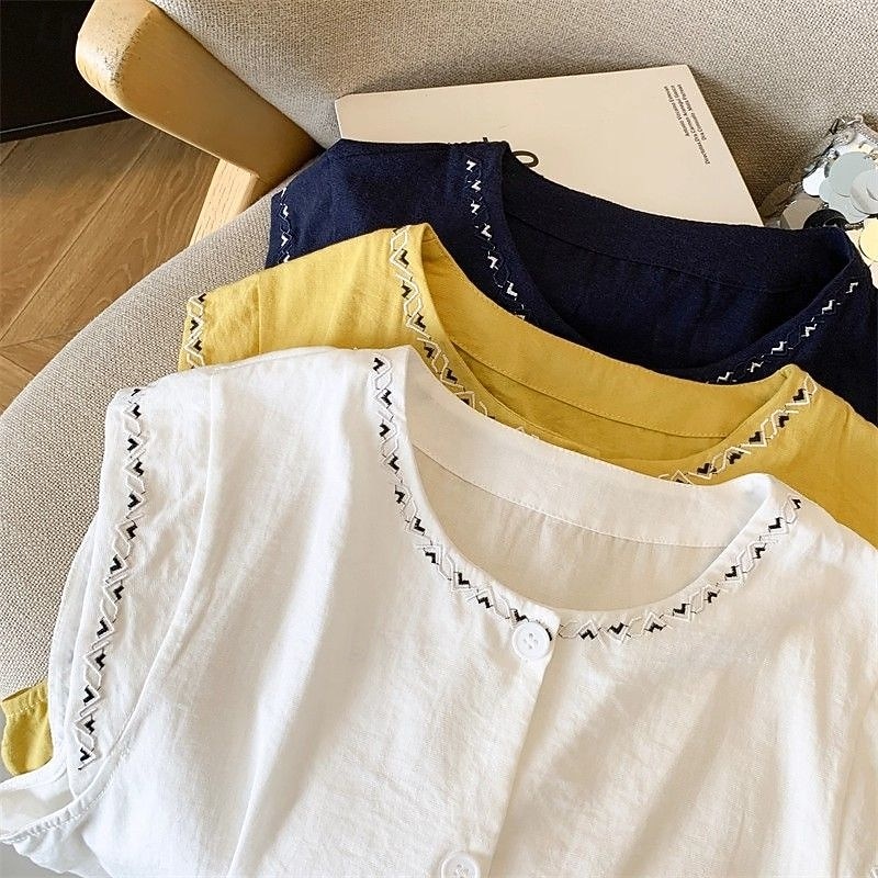 Mujer Chaleco de lino y algodón Camisa de verano Bordado Vintage Sin Mangas Cuello Barco Tops largos Casual Blanco Amarillo Azul Marino Verano Primavera 2026 - $21.99 –P5