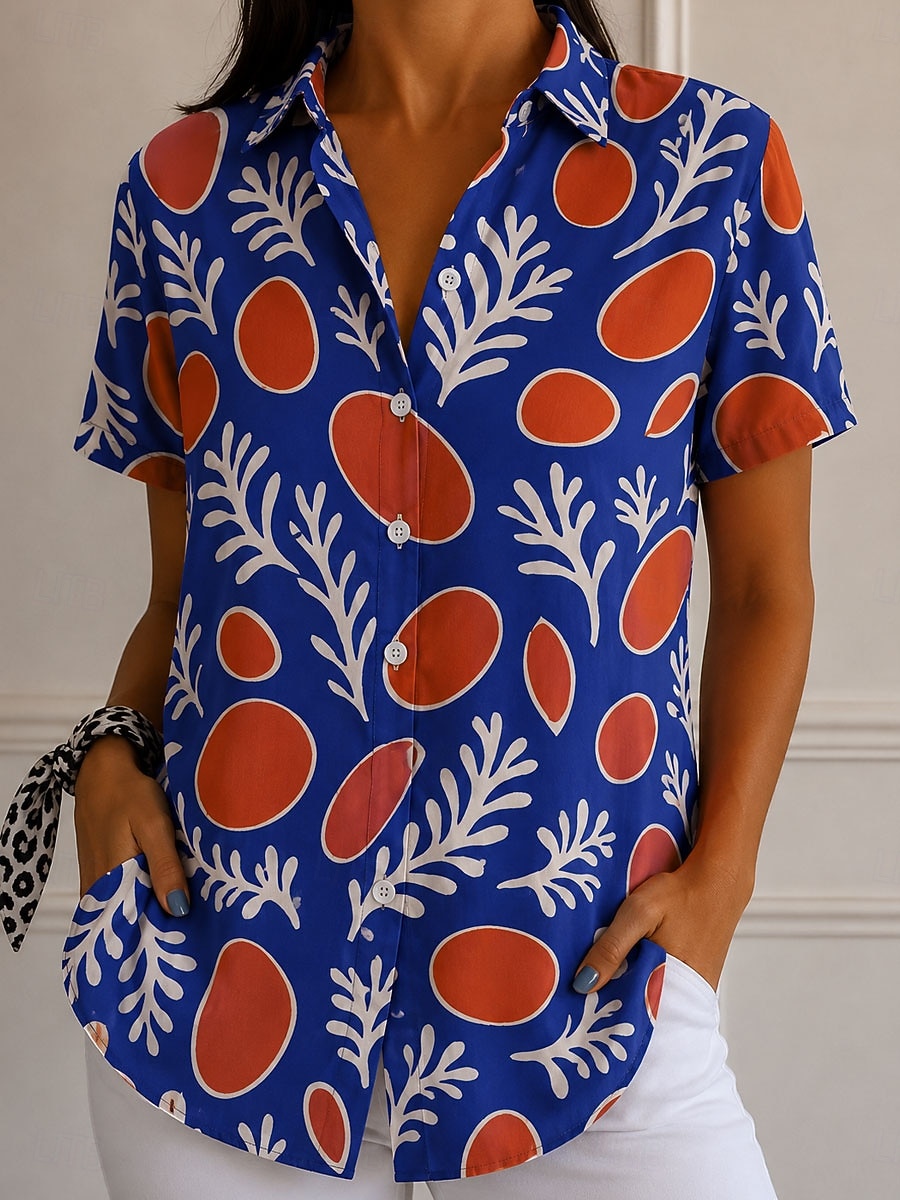 Women's Shirt Graphic Geometric Plaid Vintage Stylish Modern Short Sleeve Shirt Collar Regular Tops Casual Daily Blue Black Yellow Summer Spring 2026 - $27.99 –P3