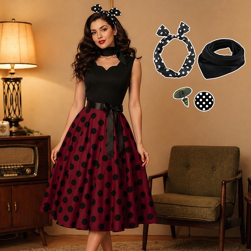 Années 1950 Rétro Vintage Rockabilly Robe trapèze Robe Évasée Pois Déguisement Femmes Fête / Soirée Enterrement de Vie de Jeune Fille Adulte Robe Bandeau Robes de soirée de 2026 ? $33.99 –P4