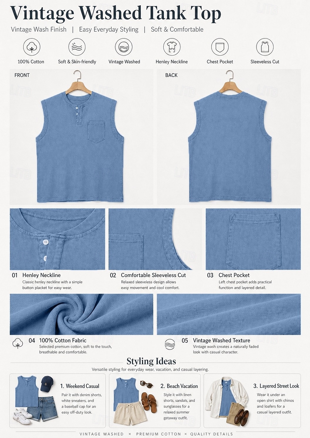 Men's 4-PCS Vest Top 100% Cotton Acid Wash Shirt Acid Wash Shirt Sleeveless Henley Summer Spring Plain Fashion Designer Basic Garment Dyed Vintage Washed Vacation Street Going out Top Tee for Men 2026 - $91.99 –P8