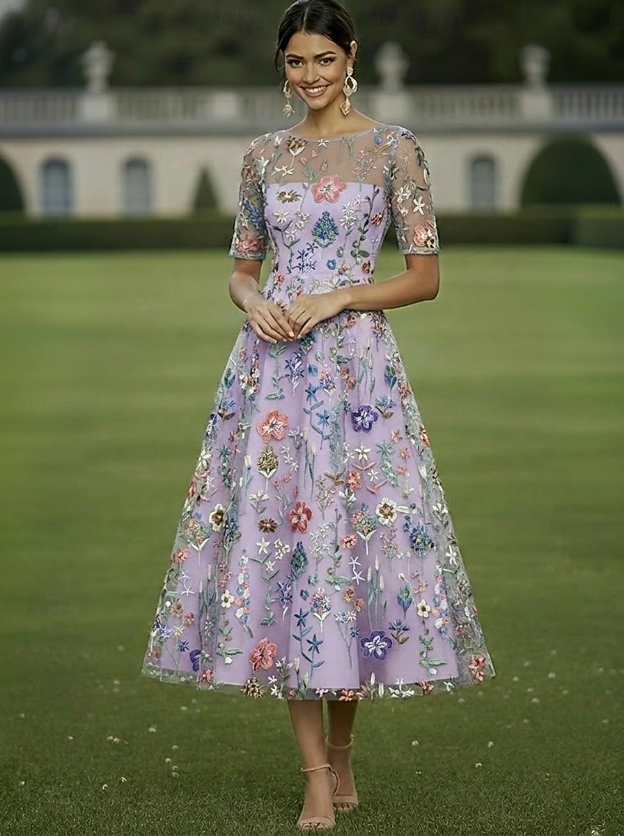 a line dress for wedding guest Elegant Mother of the Bride Formal Party Gown Luxury Evening Dress Wedding Dress Chiffon V Neck 3/4 Length Sleeve Floor Length with Floral Dresses 2024 Dark and semi formal evening events A-Line Dress Tea Length Cocktail