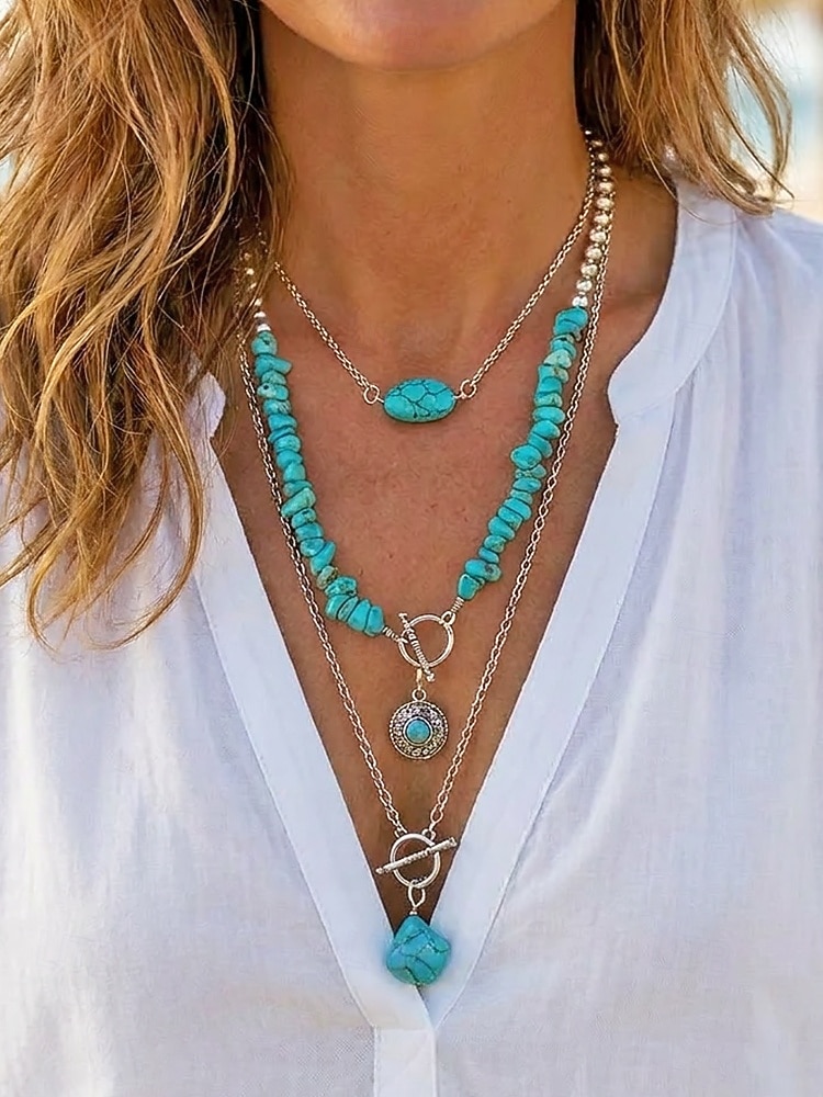 Conjunto de collar de turquesa en capas para mujer, joyería boho de piedra natural con cadena de aleación de plata, regalo de moda de verano para mujeres maduras, playa, resort, fiesta en el jardín, 2026 - $9.99 –P3