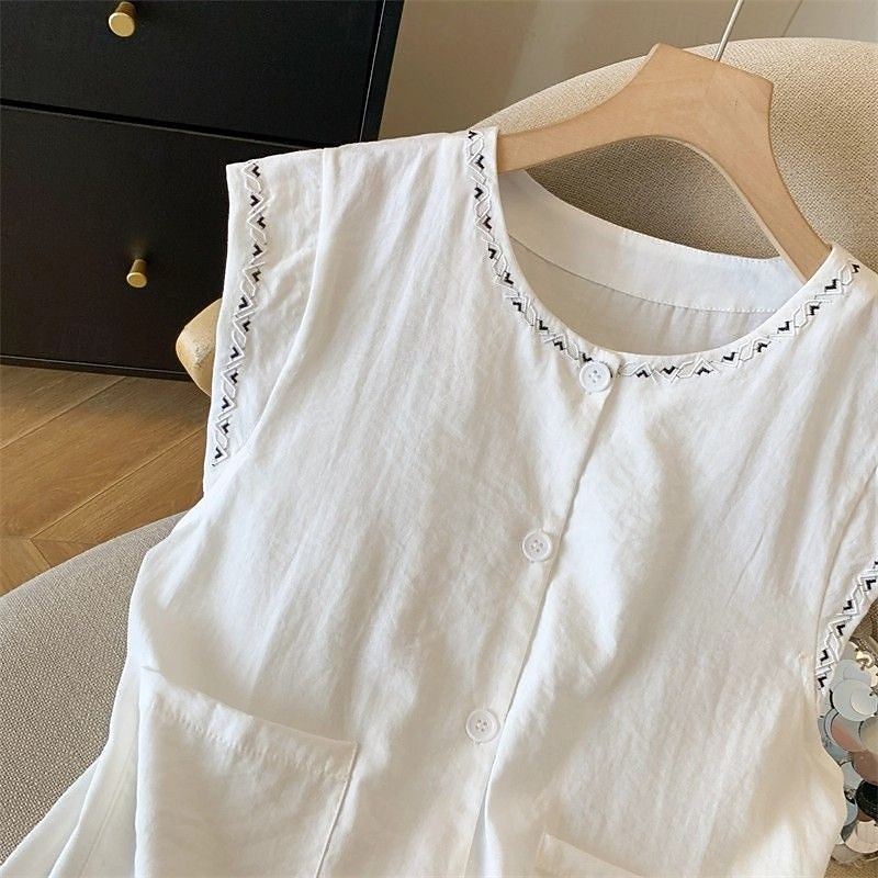 Mujer Chaleco de lino y algodón Camisa de verano Bordado Vintage Sin Mangas Cuello Barco Tops largos Casual Blanco Amarillo Azul Marino Verano Primavera 2026 - $21.99 –P19