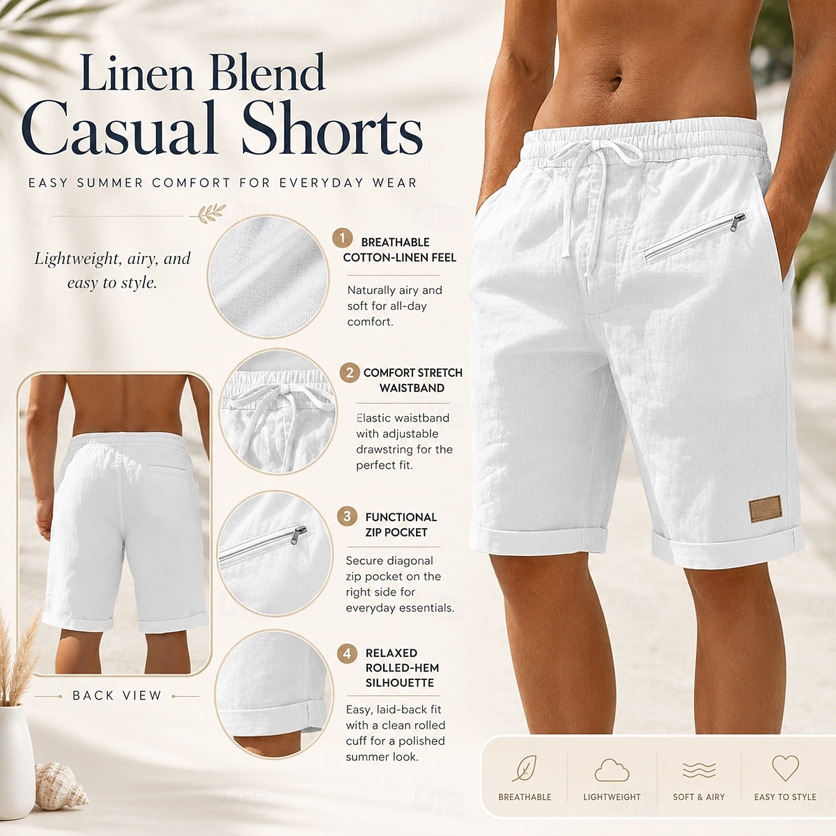 Voor heren Linnen korte broek Zomer korte broeken Strandshorts Trekkoord Elastische taille Zak met rits Effen Effen kleur Comfort Zacht Knielengte Dagelijks Strand Modieus Chique en modern blauw Zwart 2026 - $26.99 –P1