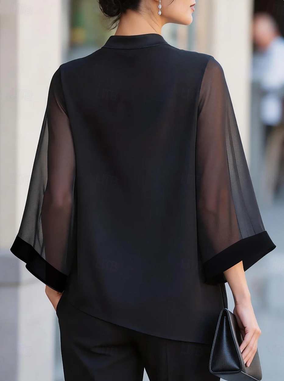 Women's Shirt Blouse Patchwork Solid Color Elegant Streetwear Daily 3/4 Length Sleeve V Neck Regular Tops Casual claret Black Navy Blue Apricot Summer Spring 2026 - $27.99 –P9