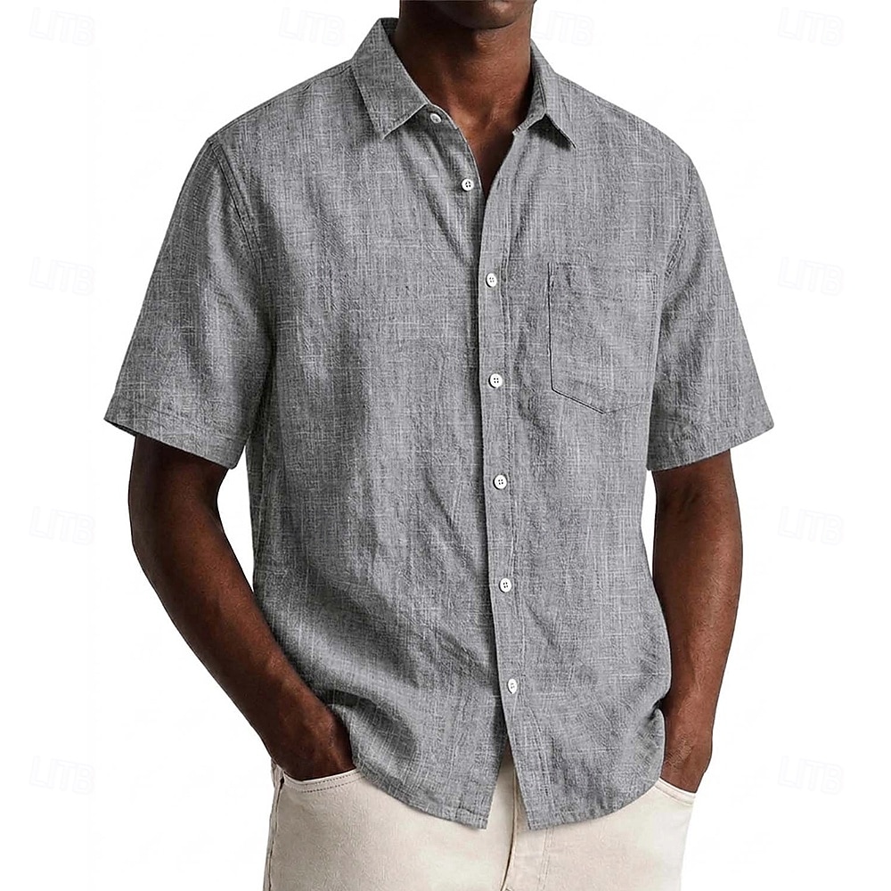 Men Shirt Linen Shirt Summer Shirt Beach Wear Button Up Shirt Plain Casual Daily Black Navy Blue Sky Blue Khaki Short Sleeve Collar Spring & Summer Summer Clothing Apparel Pocket 2026 - $24.99 –P7
