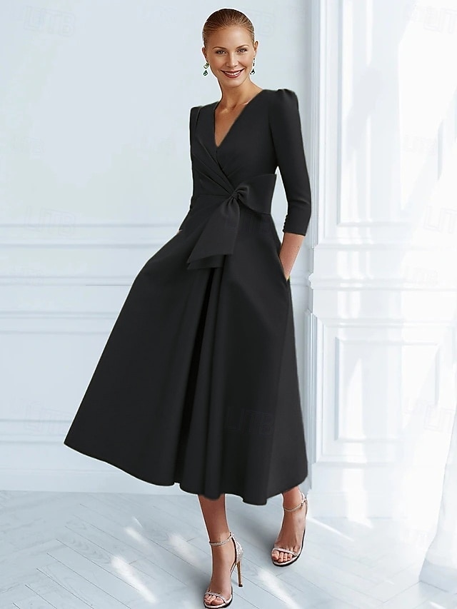 A-lijn Over de knie Cocktailjurken Elegant Vintage 3/4 mouw V-hals Formeel Zak Satijn met Strik(ken) Ruches 2026 - $149.99 –P12