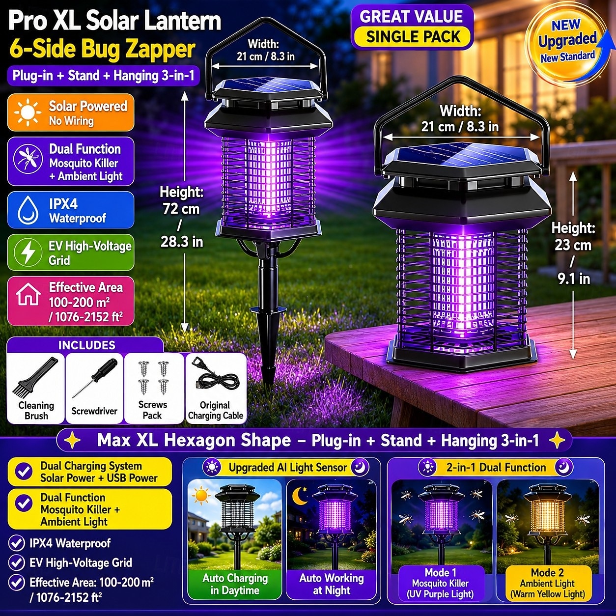 Solar Bug Zapper Outdoor, Solar Mosquito Zapper, Rechargeable Battery, Waterproof Electric Fly Zapper for Patio, Backyard, Garden, Camping 2026 - $35.99 –P3