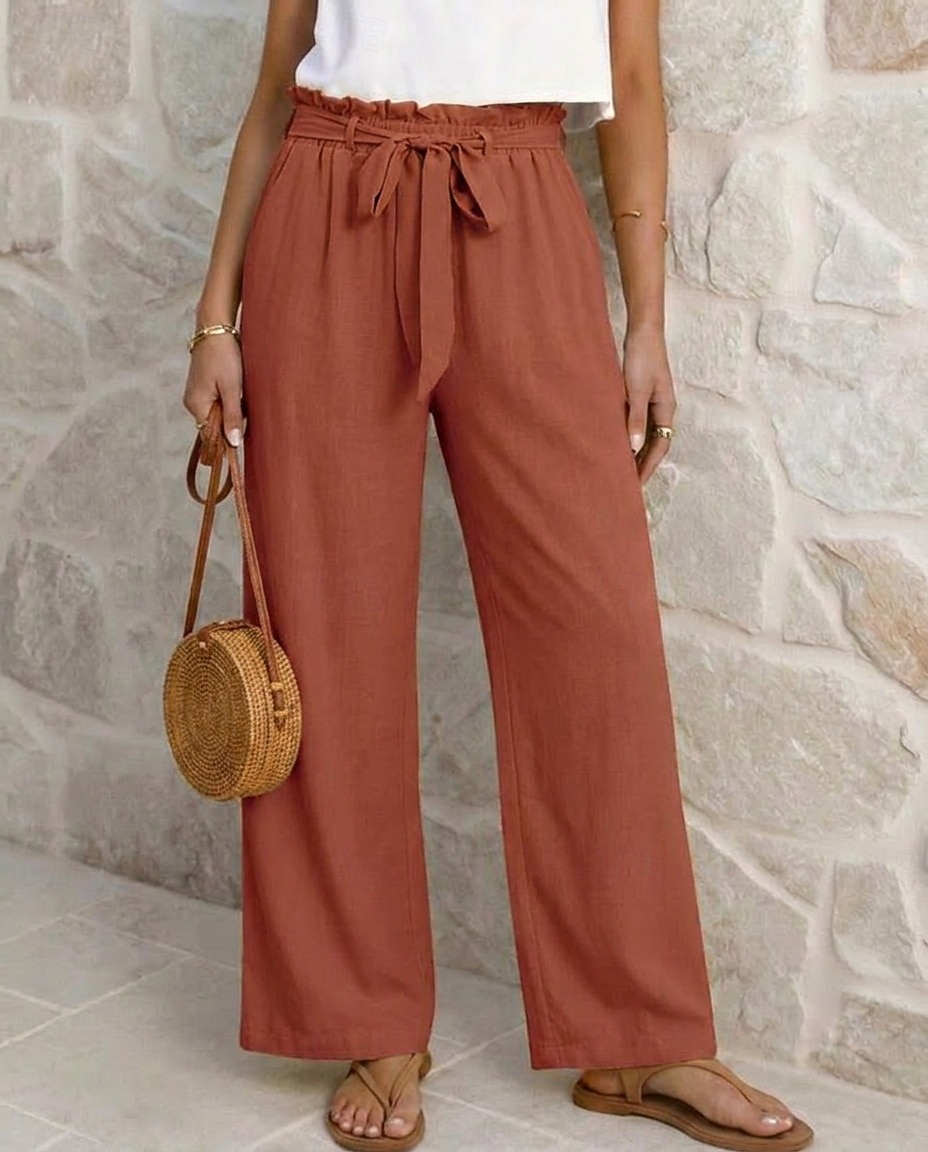 Women's Wide Leg Vacation Lounge Pants Long High Waist Plain Tie Comfortable Micro-elastic Vacation Black Yellow Pink Blue Summer Spring Loose Fit 2026 - $34.99 –P4