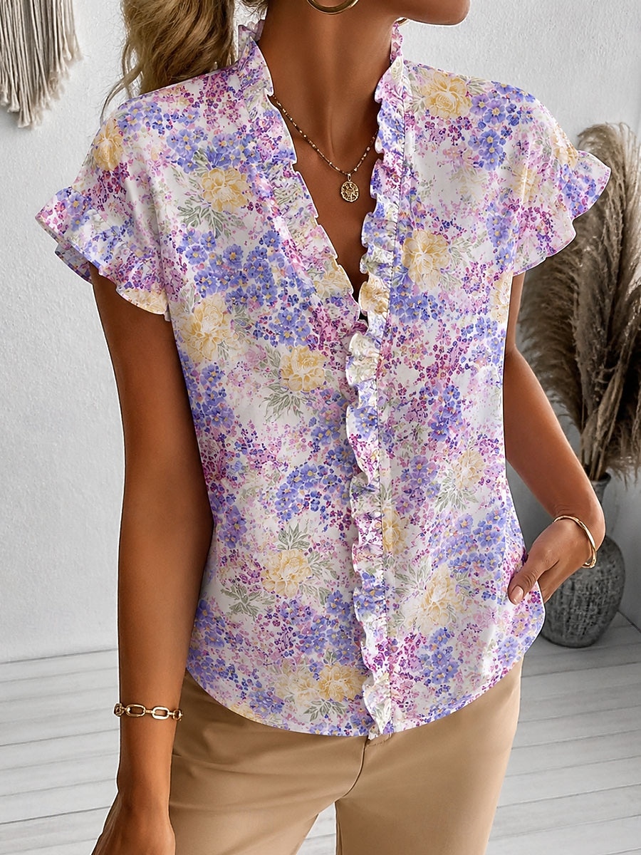 Mujer Camisa Sayo Volante Floral Graphic Elegante Moda Diario Manga Corta Escote en Pico Tops regulares Casual Diario Morado Naranja Verde Trébol Verano Primavera 2026 - $27.99 –P1