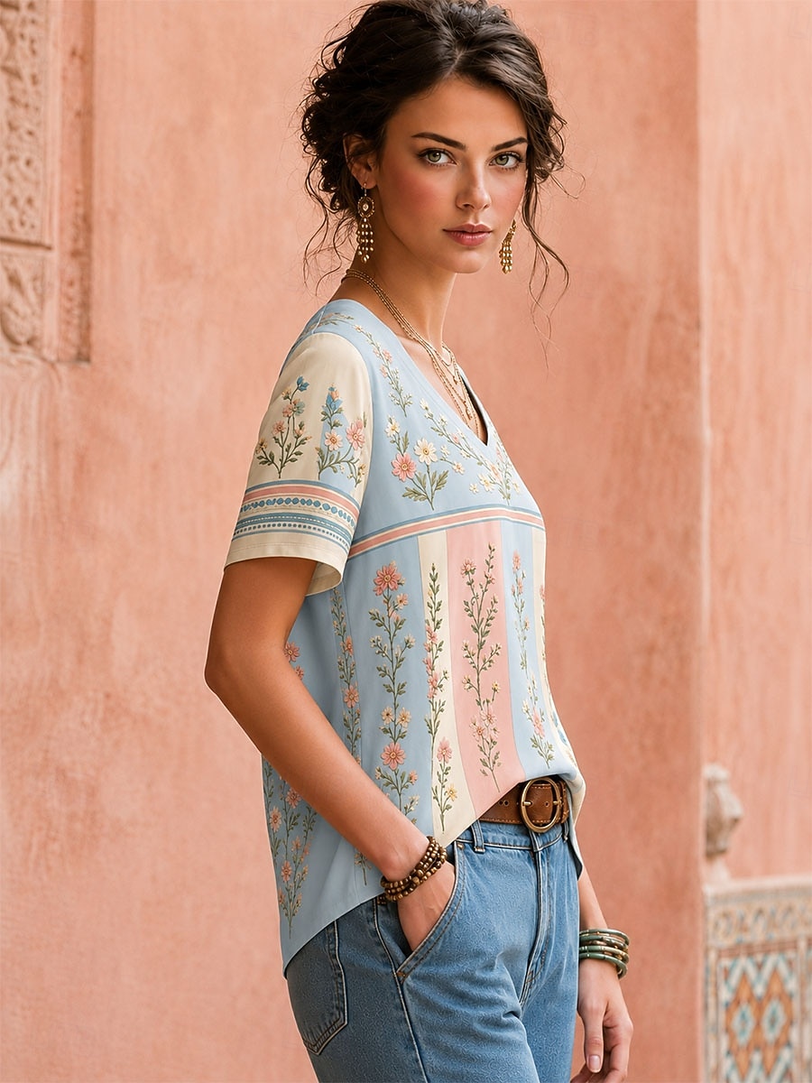 Per donna Maglietta bohémien Top estivi Floreale Grafico Piante Elegante Bohemien Vintage Manica Corta Scollo a V Top Regolari Casuale Quotidiano Sportivo Blu Bianco / Rosa Albicocca rosa Estate del 2026 a $21.99 –P3