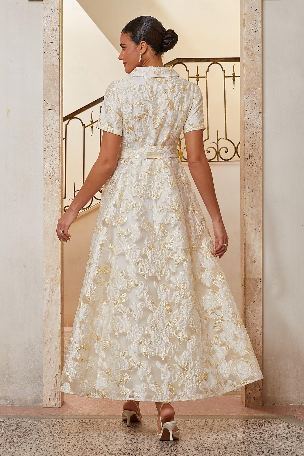 Damen A-Linie Cocktailkleid Kleid für Hochzeitsgäste Knöchellänge Revers Kurzarm Empire-Taille Elegant Vintage Mutter der Braut Formell mit Jacquard Gürtel Blumig Champagner 2026 - $179.99 –P7