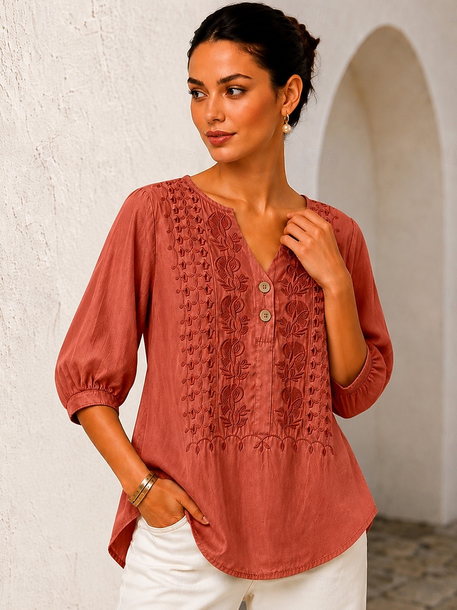 Per donna Camicia Top con cuciture in pizzo Ricamato Floreale Elegante Bohemien Etnico Manica 3/4 Scollo a V Top lunghi Casuale Quotidiano Uscire Blu Arancione Verde Primavera Autunno del 2026 a $24.99 –P7