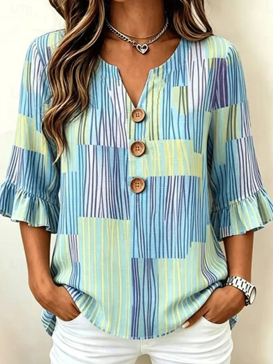 Dame Skjorte Lapper Knapper Trykt mønster Grafisk Geometrisk Stripet Årgang Stilfull 3/4 ermer V-hals Crop Tops Avslappet Daglig Ferie Mørkegrønn Lilla Brun Grønn Sommer Vår 2026 - $11.99 –P4