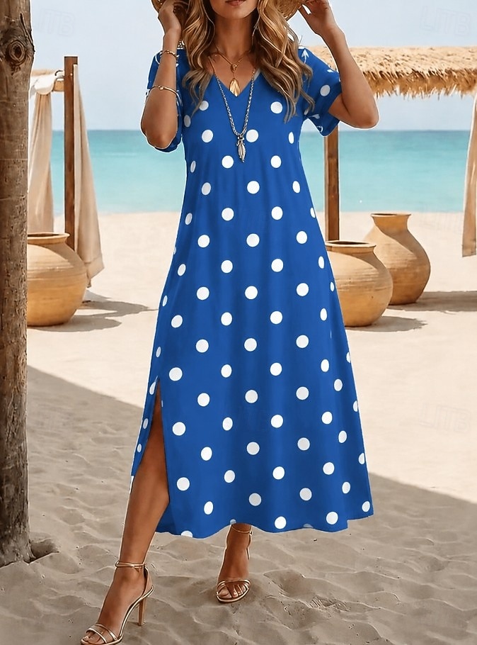 Mujer Vestido Midi Vestido de una línea Casual Diario Festivos Cita Ajuste regular Graphic A Lunares Manga Corta Escote en Pico Azul Piscina Negro Rosa Azul cielo Verano Primavera 2026 - $26.99 –P5
