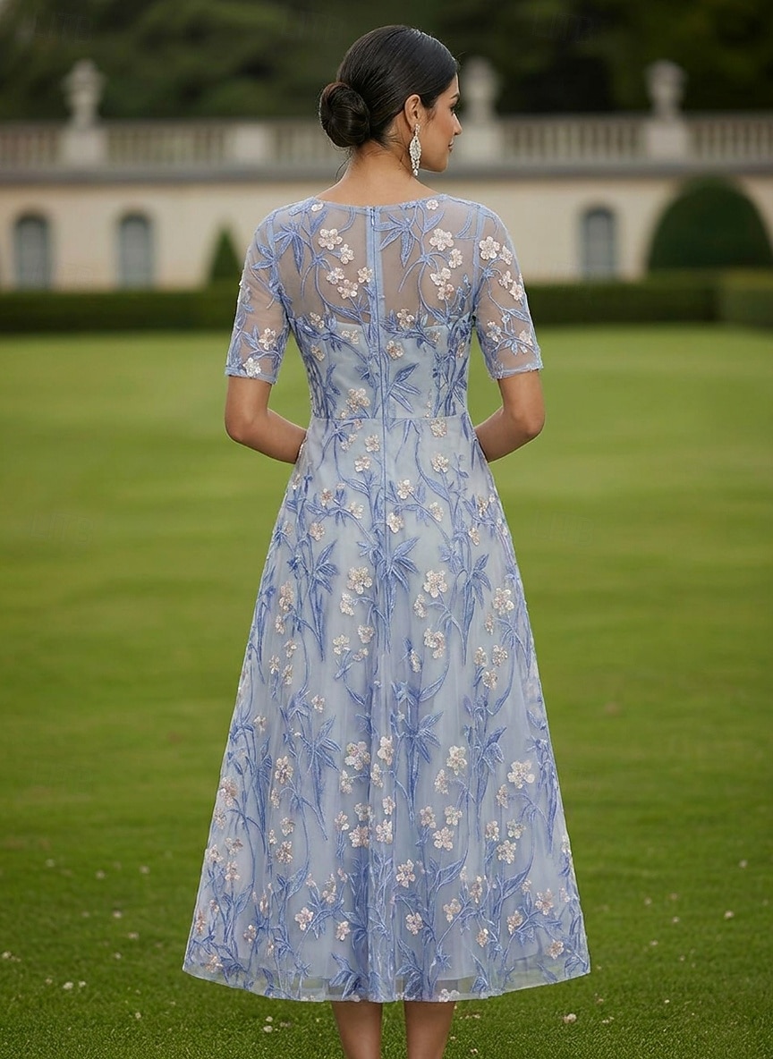 Ligne A Robe Longueur cheville Longueur thé Robe en Dentelle Robe de Cocktail Robe de Mère de Mariée  Manche Courte Demi Manches Col Bateau Élégant ancien Luxueux robe demoiselle d honneur Semi-Formel de 2026 ? $137.99 –P3