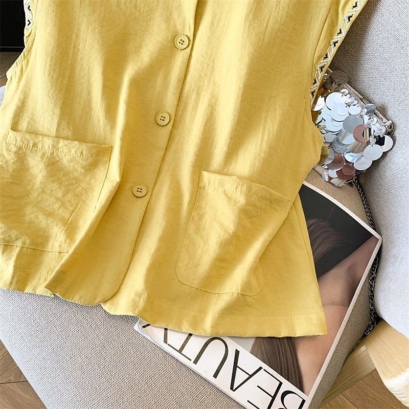Mujer Chaleco de lino y algodón Camisa de verano Bordado Vintage Sin Mangas Cuello Barco Tops largos Casual Blanco Amarillo Azul Marino Verano Primavera 2026 - $21.99 –P10