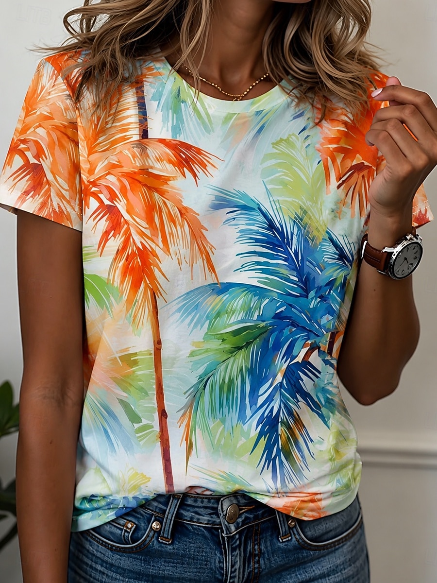 Femmes T-shirt Imprimé Graphique Plantes Élégant Classique Occasionnel Manche Courte Col ras du cou Hauts Réguliers Occasionnel Quotidien Bleu Violet Orange Été Printemps de 2026 ? $21.99 –P1