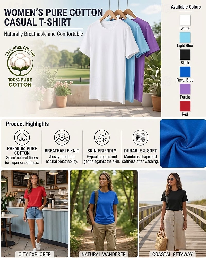 T-shirt da donna 100% cotone - maglietta a maniche corte girocollo di alta qualità del 2026 a $19.99 –P1