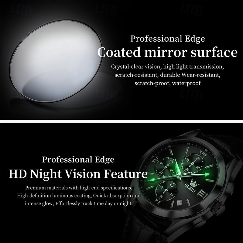 OLEVS Men's Luxury Watch Black Leather Strap Chronograph Waterproof Luminous Analog Quartz Wristwatch with Date Business Fashion Dress Watches for Men Gifts 2026 - $42.99 –P8