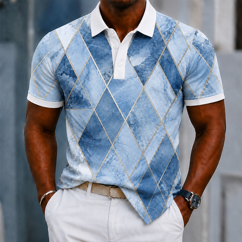 Bărbați Bloc Culoare Geometică Tricouri polo Manșon scurt Tricouri de polo Cămăși cu guler Casual Îmbrăcăminte Atletică Imprimare 3D Nasturi Material Plasă care Respiră Vară Primăvară Albastru 2026 - $10.99 –P2