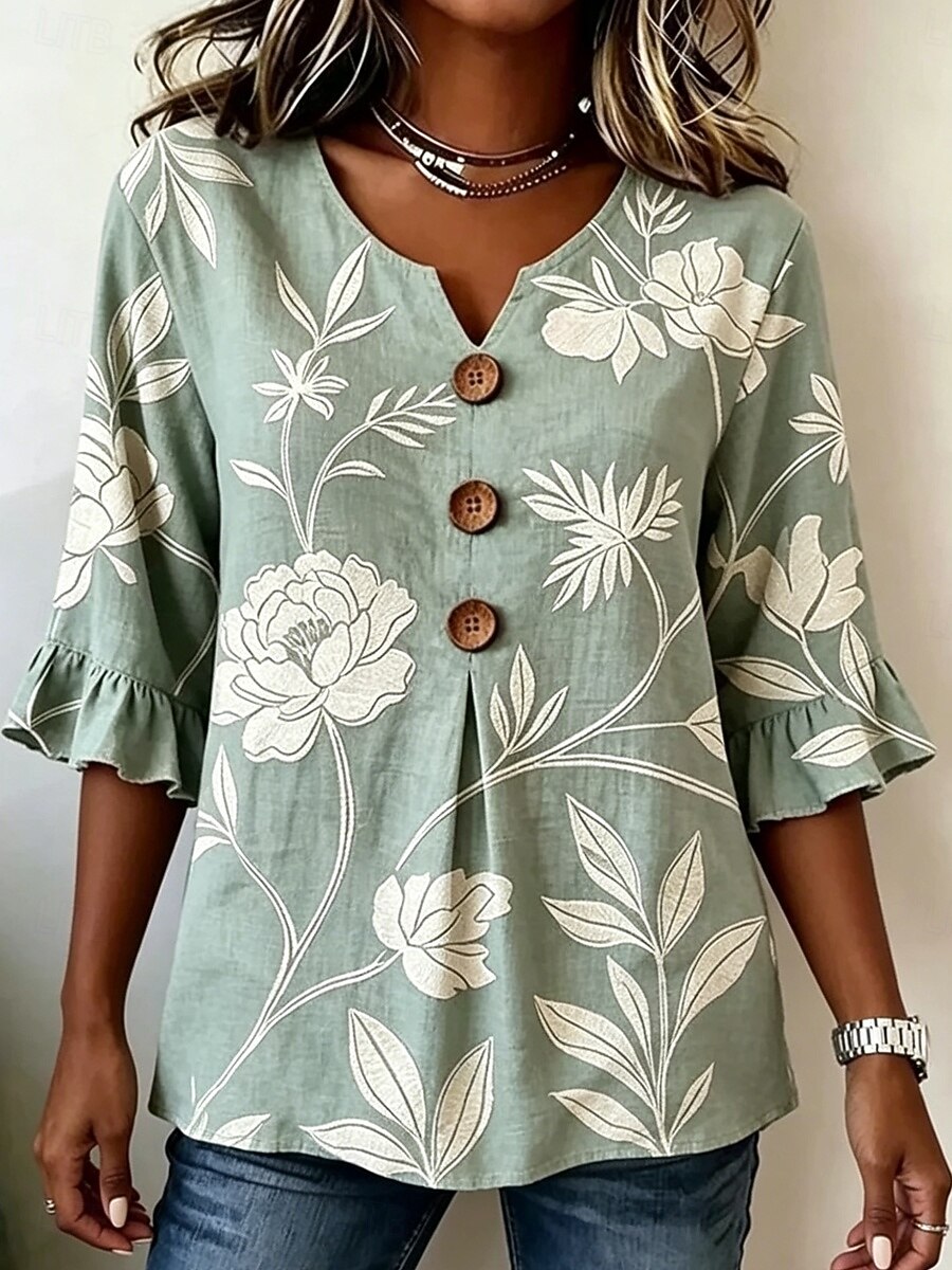 Women's Blouse Buttons Print Floral Graphic Vintage Stylish 3/4 Length Sleeve Crew Neck Regular Tops Casual Daily Going out Blue Green Summer Spring 2026 - $29.99 –P2