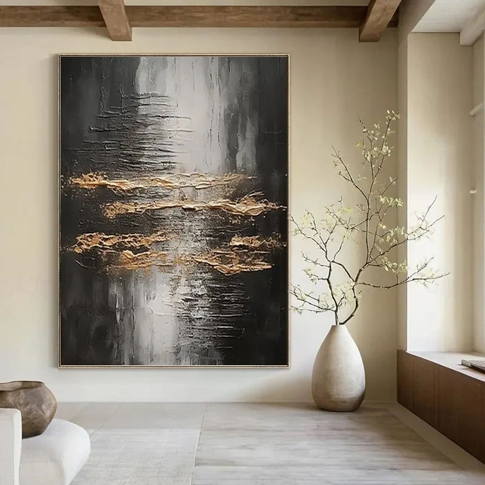 Grande peinture à l'huile faite main de style wabi-sabi, peinture murale noire et or, peinture texturée gris or, peinture abstraite minimaliste noire, art moderne, décoration murale de 2026 ? $118.99 –P5