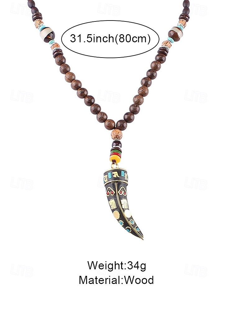 Men's Bohemian Crescent Horn Pendant Necklace Long Wooden Bead Chain, Ethnic Tribal Alloy & Wood Beads Statement Necklace, Multi-Color Vintage Fashion Jewelry for Travel Festival Daily Wear 2026 - $11.99 –P8