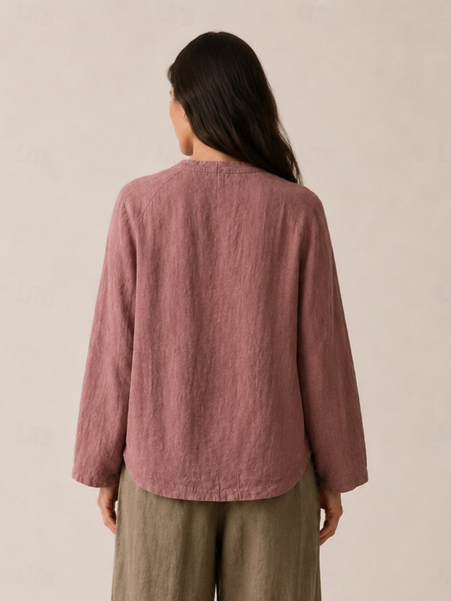 camicetta da donna in lino a maniche lunghe con bottoni, scollo a V, tasca, vestibilità regolare, stile vintage casual, bordeaux, blu navy, marrone, autunno/inverno del 2026 a $45.99 –P2