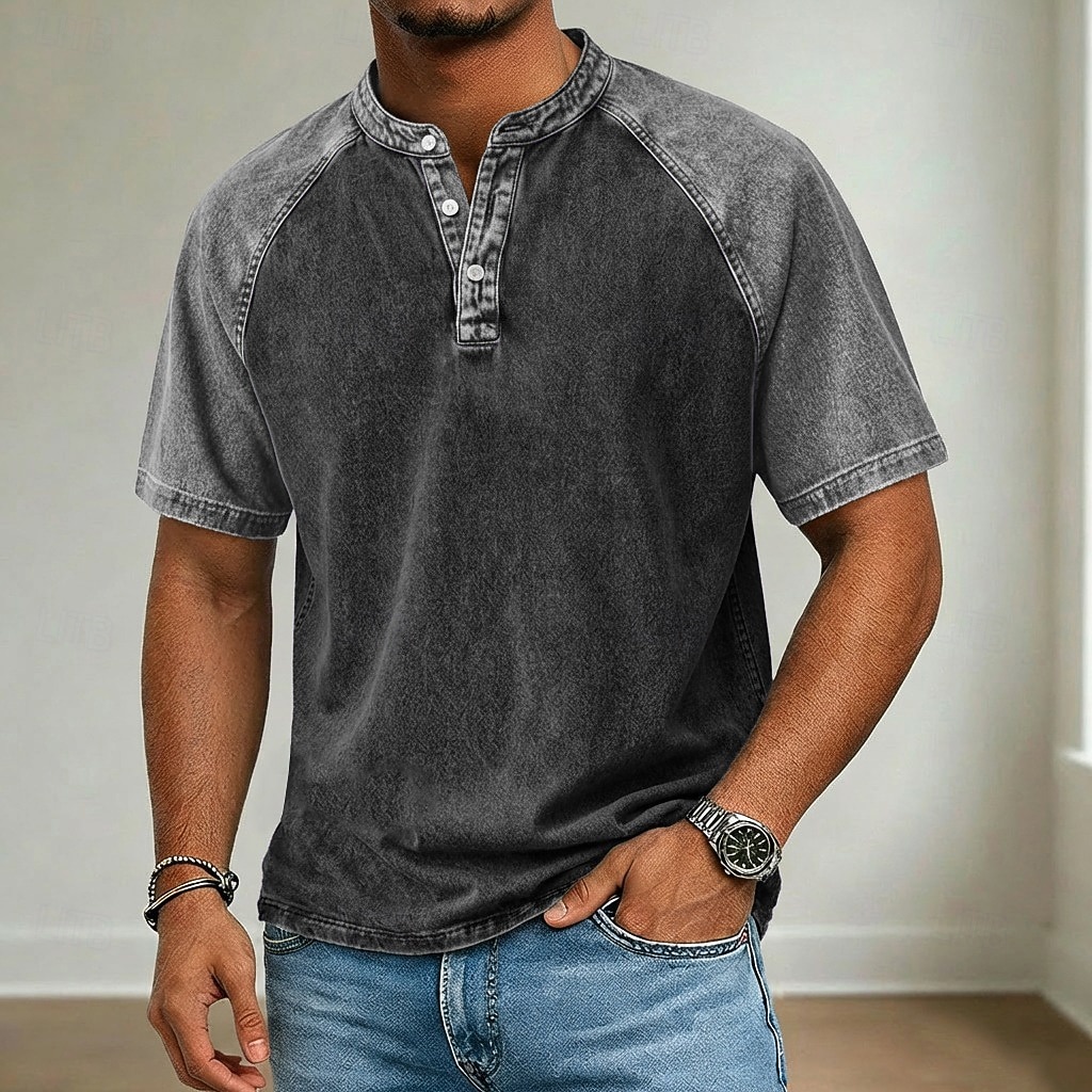 Men's Henley Shirt Cotton Acid Wash Shirt Short Sleeve Color Block Patchwork Washed Retro Vintage Casual Henley Patchwork Vintage Style Color Block Henley Casual Summer Spring All Seasons Black 2026 - $32.99 –P1