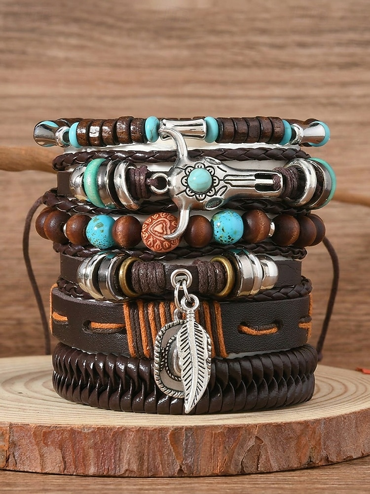 Conjunto de 6 pulseras boho de capas para hombre, con cuentas de madera. &Pulseras de aleación con dije de cabeza de toro y pluma, joyería de estilo occidental para uso casual, viajes, festivales, 2026 - $11.99 –P3