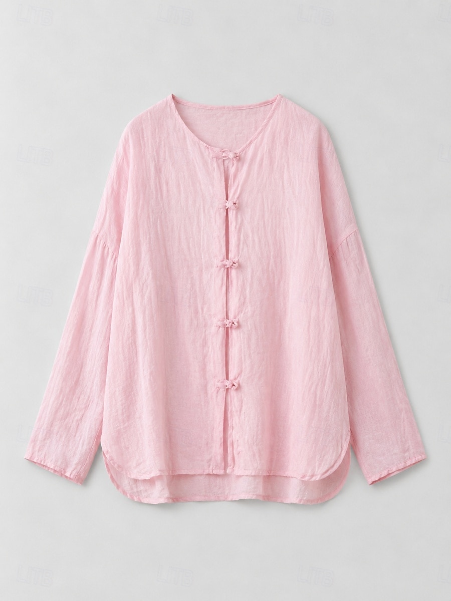 camicetta da donna 100% lino a maniche lunghe con bottoni, girocollo, vestibilità regolare, stile vintage, ideale per le vacanze, disponibile nei colori nero, rosa, rosso e verde, per l'estate e la primavera. del 2026 a $52.99 –P4