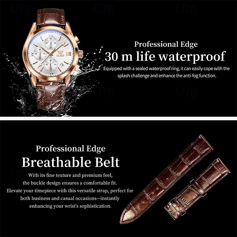 OLEVS Men's Luxury Watch Black Leather Strap Chronograph Waterproof Luminous Analog Quartz Wristwatch with Date Business Fashion Dress Watches for Men Gifts 2026 - $42.99 –P9