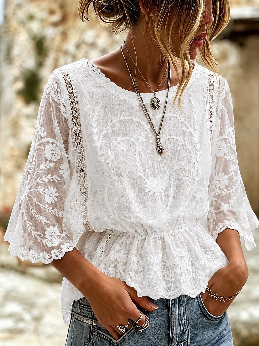 Mulheres Camisa Social Camisa de renda Blusa Renda Bordado Côr Sólida Floral Gráfico Elegante à moda Casual Meia Manga Manga Morcego Gola Redonda Tops regulares Casual Diário Feriado Azul Cáqui de 2026 por $14.49 –P1