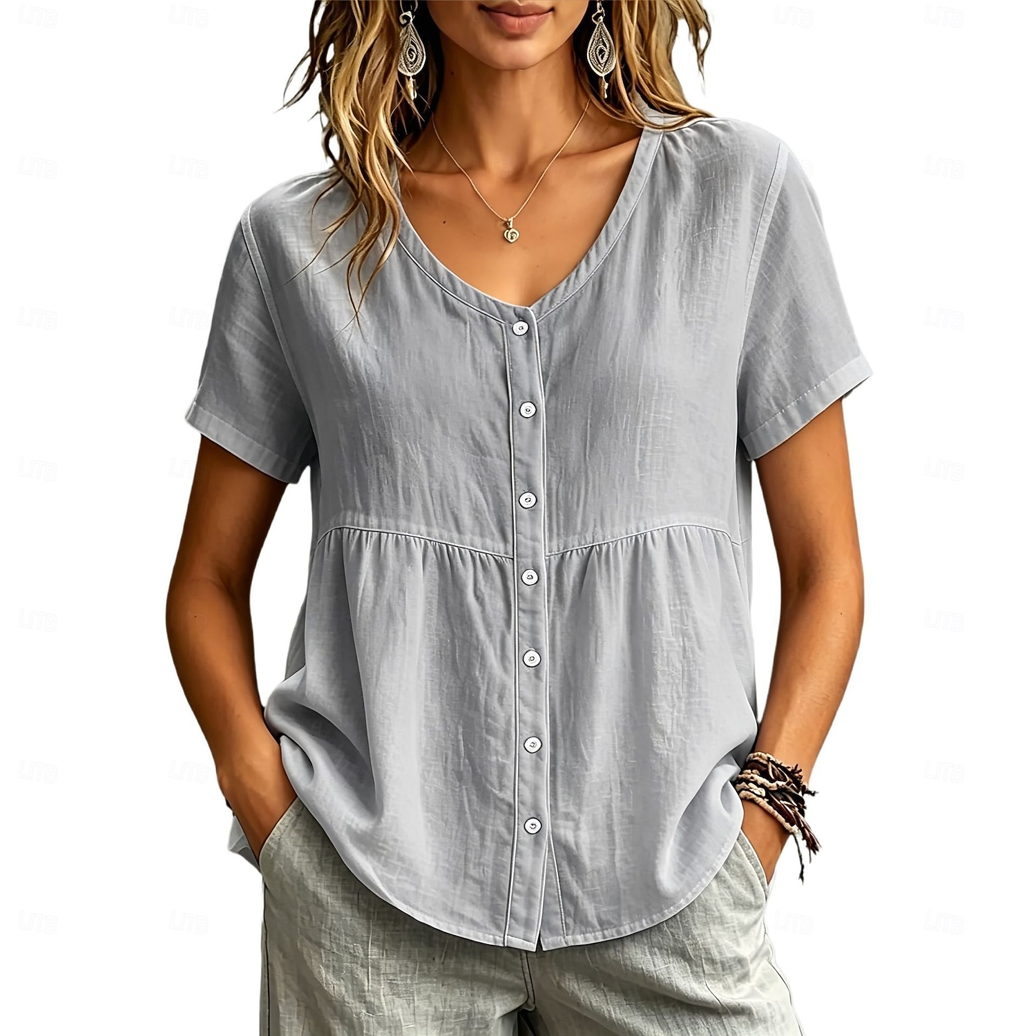 Dames Overhemd Blouse Lapwerk Knop Effen Kleur Elegant Casual Korte mouw Strakke ronde hals Normale tops Casual geel groen Zwart Wit Wijn Lichtgrijs Lente 2026 - $23.99 –P1