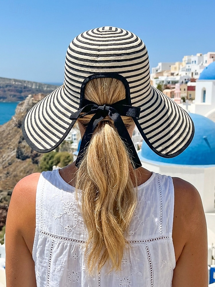Women's Striped Foldable Sun Hat, Wide Brim Polyester Beach Hat for Women, Packable Summer Travel Vacation Cap, Elegant UV Protection Hat 2026 - $11.99 –P2